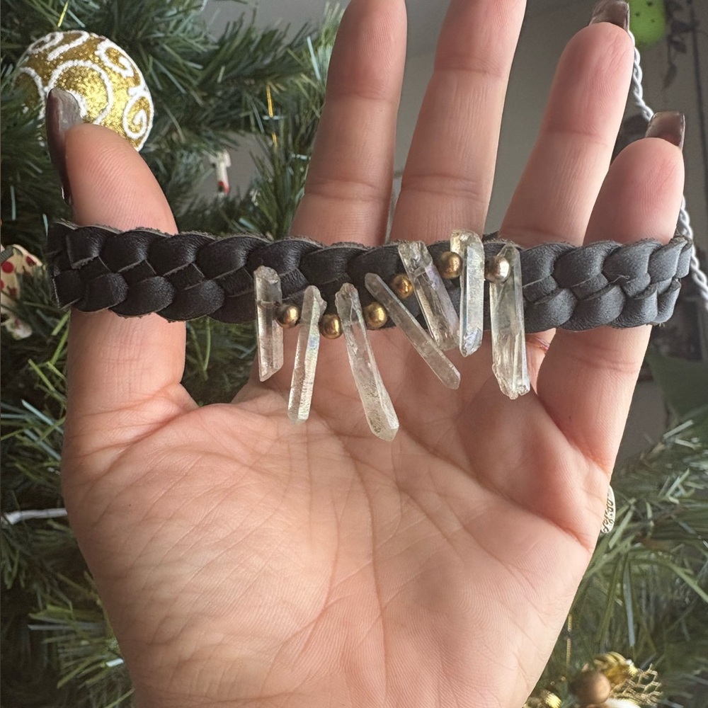 Ettika Black Leather Braided Choker with 7 Crystal Accents